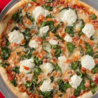 Spinach Pizza · Light pizza sauce topped with spinach, tomatoes, olive oil, and ricotta cheese. Finished wit...