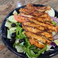 Grilled Chicken Breast Salad · A large salad with mixed greens, tomatoes, onions, bell peppers, cucumber, olives, marinated...