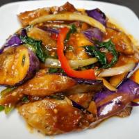 Spicy Eggplant · Eggplant stir-fried with basil, bell pepper, garlic, and Thai chilis. Comes with a side of J...