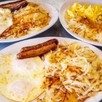 2 Eggs With Hash Browns, Toast & Meat · Choice of bacon, ham, or sausage. Ask your server about menu items that are cooked to order....