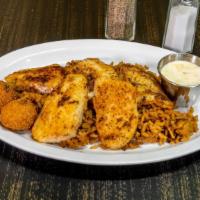 Regular Catfish · Five generous pieces of catfish, southern fried. Served with fries and two hush puppies. Han...