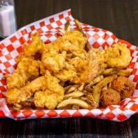 Regular Shrimp · Five jumbo butter flied shrimp, lightly seasoned. Served with fries and two hush puppies.