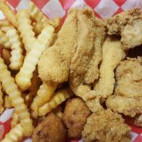 Chicken · Five chicken strips  served with fries and two hush puppies.