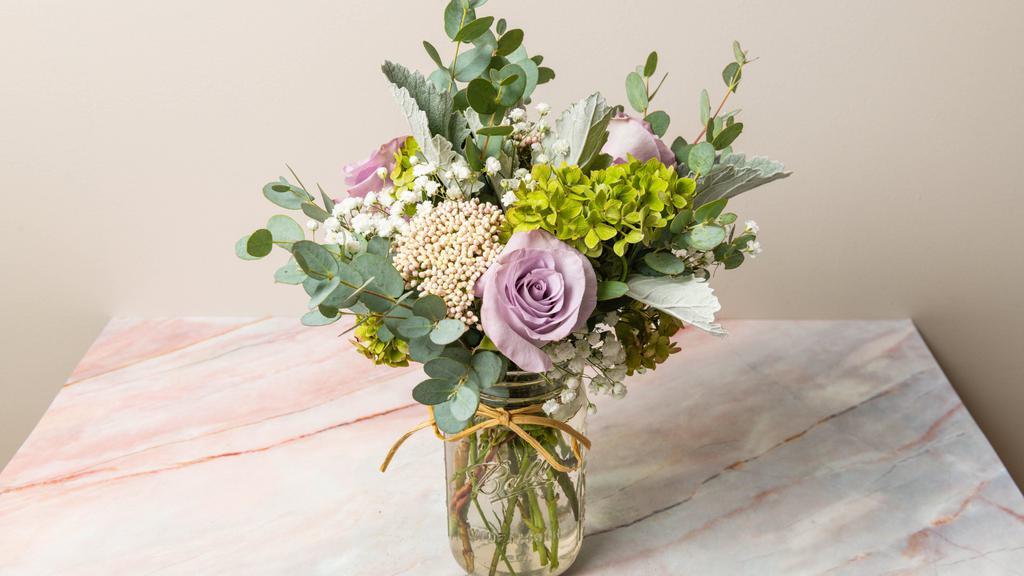Mixed Floral Arrangement Small · Mixed seasonal floral arrangement in glass vase  (10-12 stems in a 4-5 inch vase)