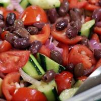 Sicilian Salad · Green beans, purple onions, Kalamata olives, tomatoes, cucumbers, potatoes, seasoned and mar...