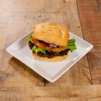 Hand Crafted Burgers With Fries · 1/2 lb. GSI seasoned beef with lettuce, tomato, onion and peppers. Add sub black bean patty ...