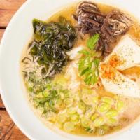 Vegetarian Miso Ramen · Vegan. Ramen served in homemade vegetarian miso broth, topped with fried tofu, edamame, seaw...