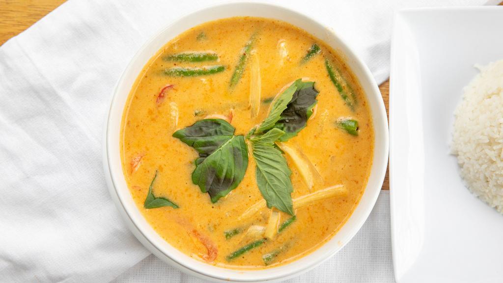 Red Curry · Bamboo shoots, bell peppers and basil in coconut milk and red curry sauce.
