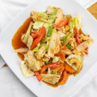 Pad Cashew · Stir fried carrots, onions, bell peppers and celery with roasted chili served with steamed r...