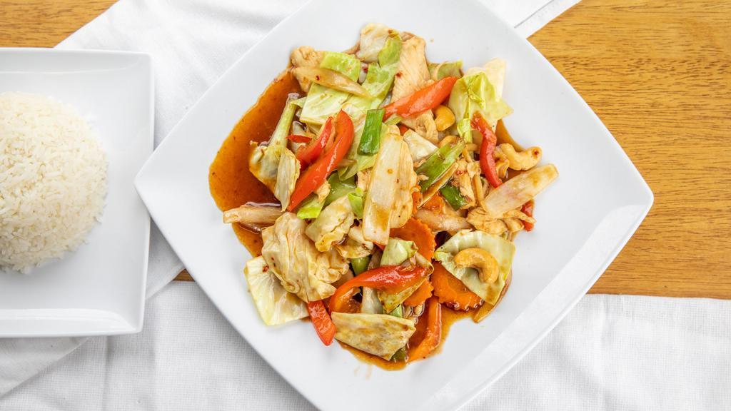 Pad Cashew · Stir fried carrots, onions, bell peppers and celery with roasted chili served with steamed rice.