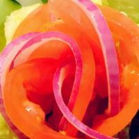 Garden Salad · Comes with iceberg lettuce, red onions, green peppers, cucumbers, tomatoes, and your choice ...