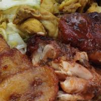Curry Chicken · Served with rice and peas or white rice. Your choice of fried plantains and steam veggie.