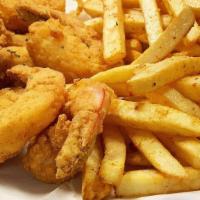 Shrimp & Fries · Six seasoned fresh jumbo shrimp battered deep fried to a golden perfection with a salad and ...