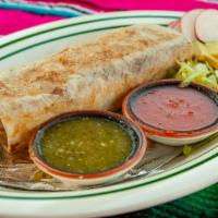 Pork Burrito · Chunky pork  tossed with special red sauce, green peppers, rice and beans.