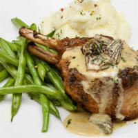 Wild Boar Chop Gallagher · Aged Sherry-Morel Sauce, Sauteed Green Beans, & Parmesan Mashed Potatoes