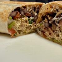 Chicken Burrito · Roasted chicken, rice, beans, pico, and cheese wrapped in a flour tortilla. Served with your...