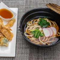 Tempura Udon · Shrimp and vegetable tempura served with udon soup.