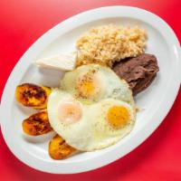 Chapin Plate · Three eggs, fajita, beans, rice and bananas.