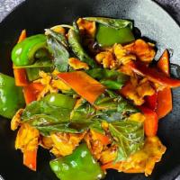 Thai Basil Chicken (Spicy) · Steamed white meat chicken, green bell pepper, carrots, and Thai basil, tossed in a basil sa...