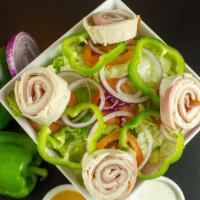 Chef'S Salad · Lettuce, tomato, onion, green peppers, ham, turkey and provolone. Included a side of Garlic ...