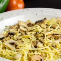 Spaghetti, Garlic Butter Mushrooms · Fresh made spaghetti topped with fresh cut mushroom's and garlic, sautéed in butter. Served ...