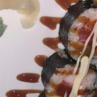 Geisha Roll · Avocado, crab, cream cheese and tuna, deep fried and topped with eel sauce, spicy mayo, sira...