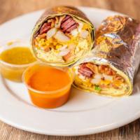 Bacon Breakfast Burrito · Crispy bacon, three scrambled eggs, breakfast potatoes, fresh pico de gallo and cheese wrapp...