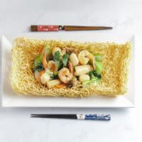 Crispy Eggs Noodle Seafood · Shrimp, scallop, calamari, white onion, bamboo, broccoli, baby corn, mushroom, bok choy, car...