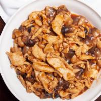 Tow Goo Chicken · Tender white meat chicken with imported straw mushrooms in a rich dark sauce