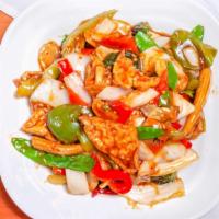 Spicy Tofu Vegetables · Slices of tofu and assorted vegetables in a chili-seasoned sauce
