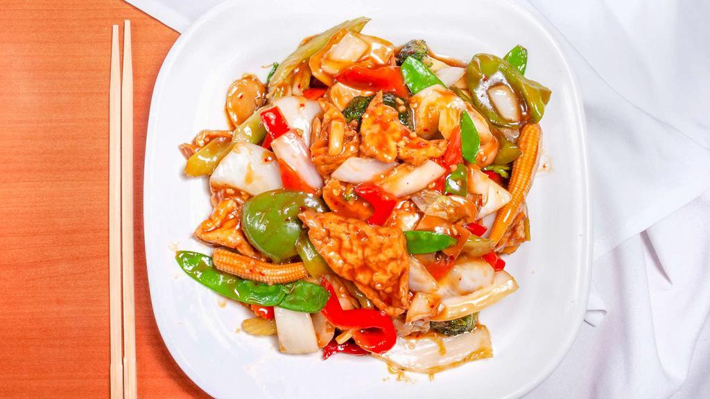 Spicy Tofu Vegetables · Slices of tofu and assorted vegetables in a chili-seasoned sauce