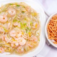 Shrimp Chow Mein · Chow mein tossed with petite shrimp in a light sauce