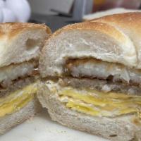 Soho W/Sausage · 2 Eggs with sausage, cheese and hashbrown on a roll or bagel of your choice.