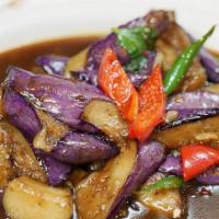 Spicy Eggplant · Spicy Level 3. Slices of eggplant stir-fried with hot chili, garlic and fresh basil.