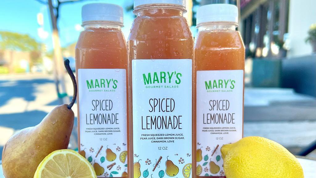Mary'S Spiced Lemonade · Made In-House - Freshly squeezed, crisp, sweet, tart, and perfectly refreshing - with extra special infusion of pear, juice, cinnamon, and hint of fresh ginger.