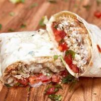 Chicken Burrito · Delicious tortilla filled with juicy grilled chicken, Mexican rice, refried beans and pico d...
