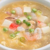 Seafood Soup · Shrimp, scallop, mussel, imitation crab meat, and vegetables.