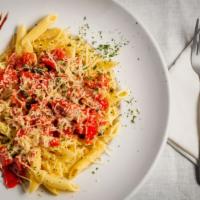 Mary Theresa'S Pasta · fresh penne pasta tossed in garlic-basil olive oil, topped with diced tomatoes, capers, basi...