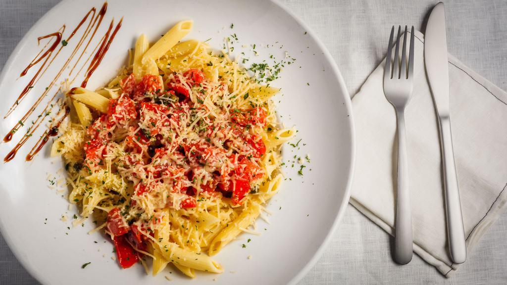 Mary Theresa'S Pasta · fresh penne pasta tossed in garlic-basil olive oil, topped with diced tomatoes, capers, basil and parmesan cheese