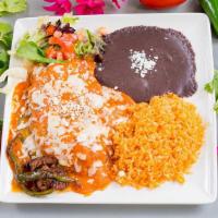 Chile Relleno Original · Chile poblano pepper stuffed with cheese, vegetables, chicken or ground beef, topped with a ...