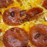 Pepperoni Flatbread · Our house pizza sauce, mozzarella cheese and thinly sliced pepperoni.
