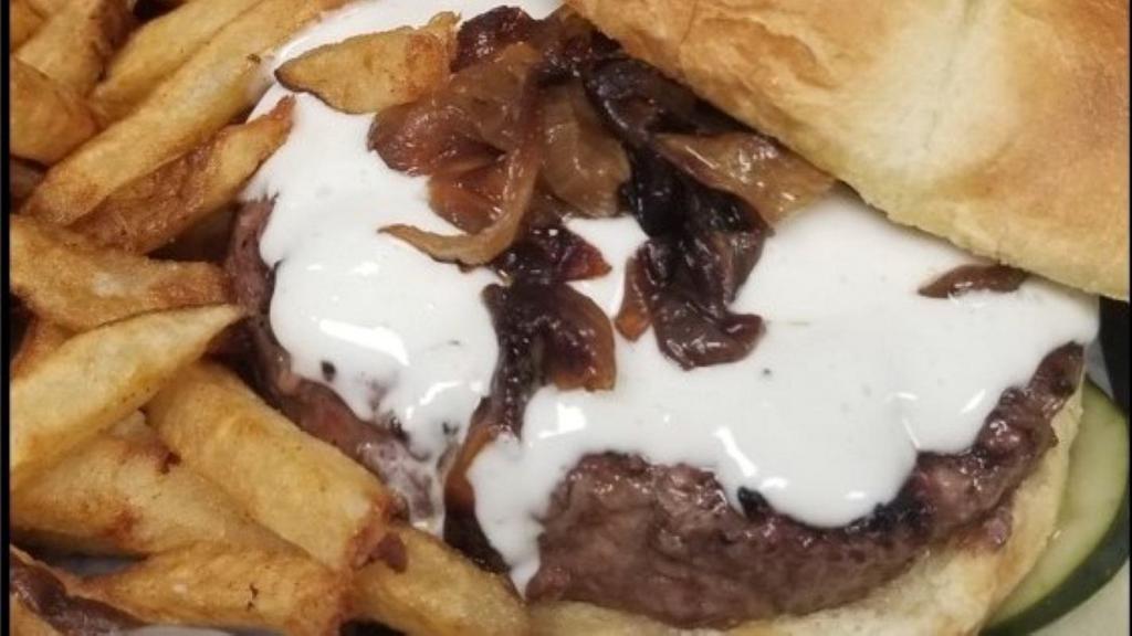 Black Burger · Our 8oz. Certified angus beef blackened, then grilled & topped with blue cheese aioli & caramelized onions.