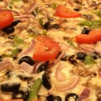 Veggie Delight · Vegetarian, fresh mushrooms, olives, green peppers, red onions, artichoke hearts, tomatoes.