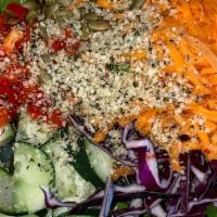 House Salad · Green Leaf Lettuce, Baby Spinach, Cucumber, Red Pepper, Purple Cabbage, Shredded Carrot, Hem...