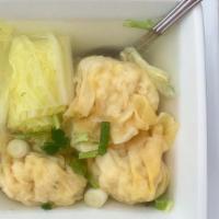 Wonton Soup · Vegetable broth, shrimp and chicken stuffed wonton, Napa cabbage, fried garlic, scallion, ci...