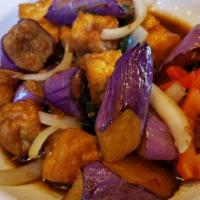 Pad Eggplant · Medium spicy - Stir fried red bell pepper, fried eggplant, garlic, onion, basil, fresh chili...