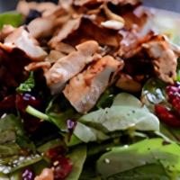 Cranberry Spinach Chicken · Spinach topped with grilled chicken breast, tomatoes, cranberries, pecans and crumbled blue ...