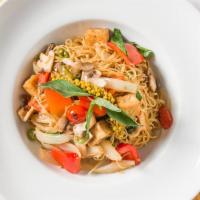 Drunken Angel · Medium Spicy. Angel hair pasta stir fried with mushrooms, tofu, garlic, bell pepper, onion, ...