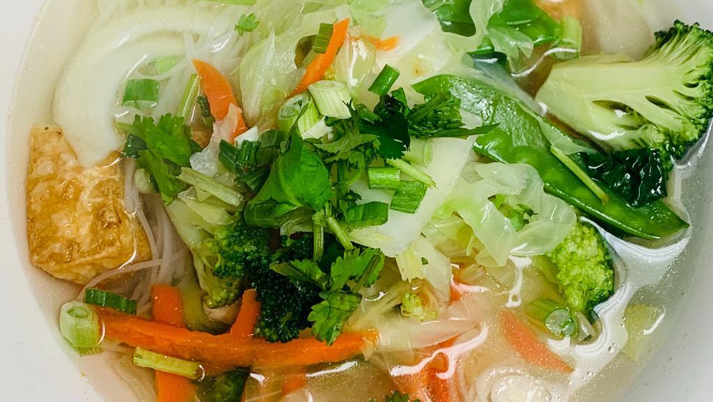 Pho Chay · Variety of vegetables and tofu rice noodle soup with: Beef broth, Chicken broth or Vegetable broth.