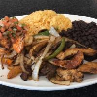 Fajita Mixta · Chopped steak, shrimp and chicken with onions and peppers. Served with rice, beans, pico de ...